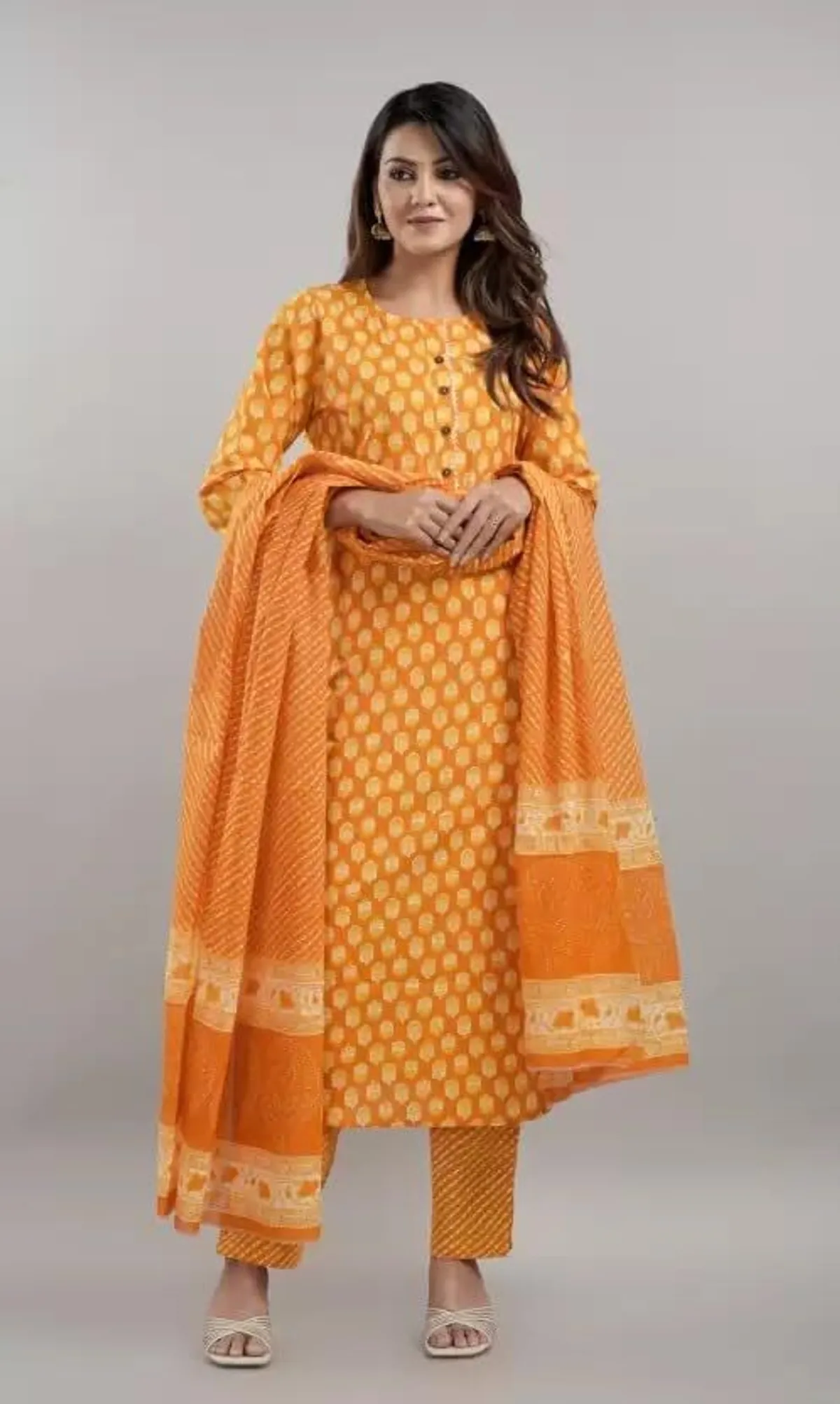 orange cotton blend printed kurta pant set for women