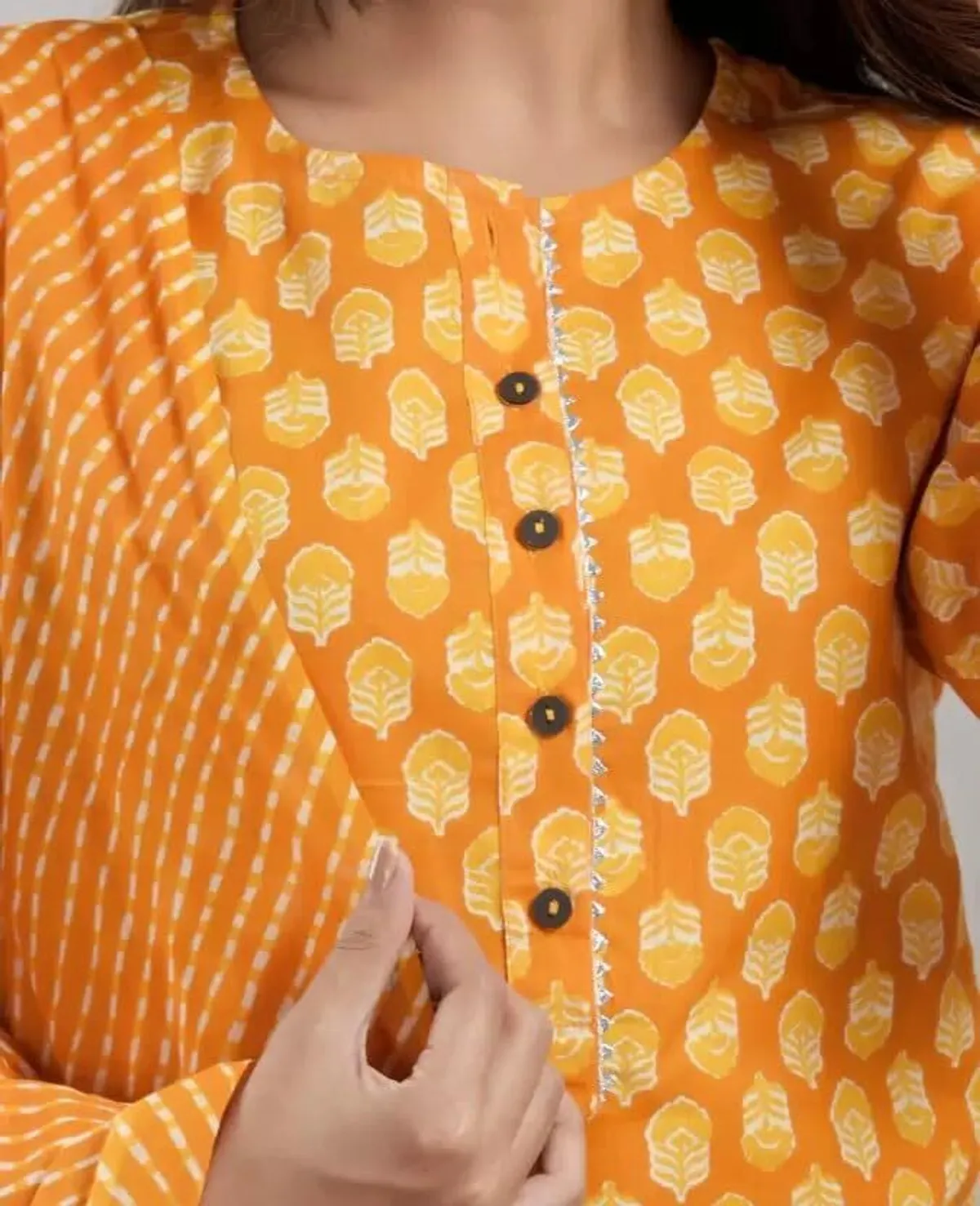 orange cotton blend printed kurta pant set for women