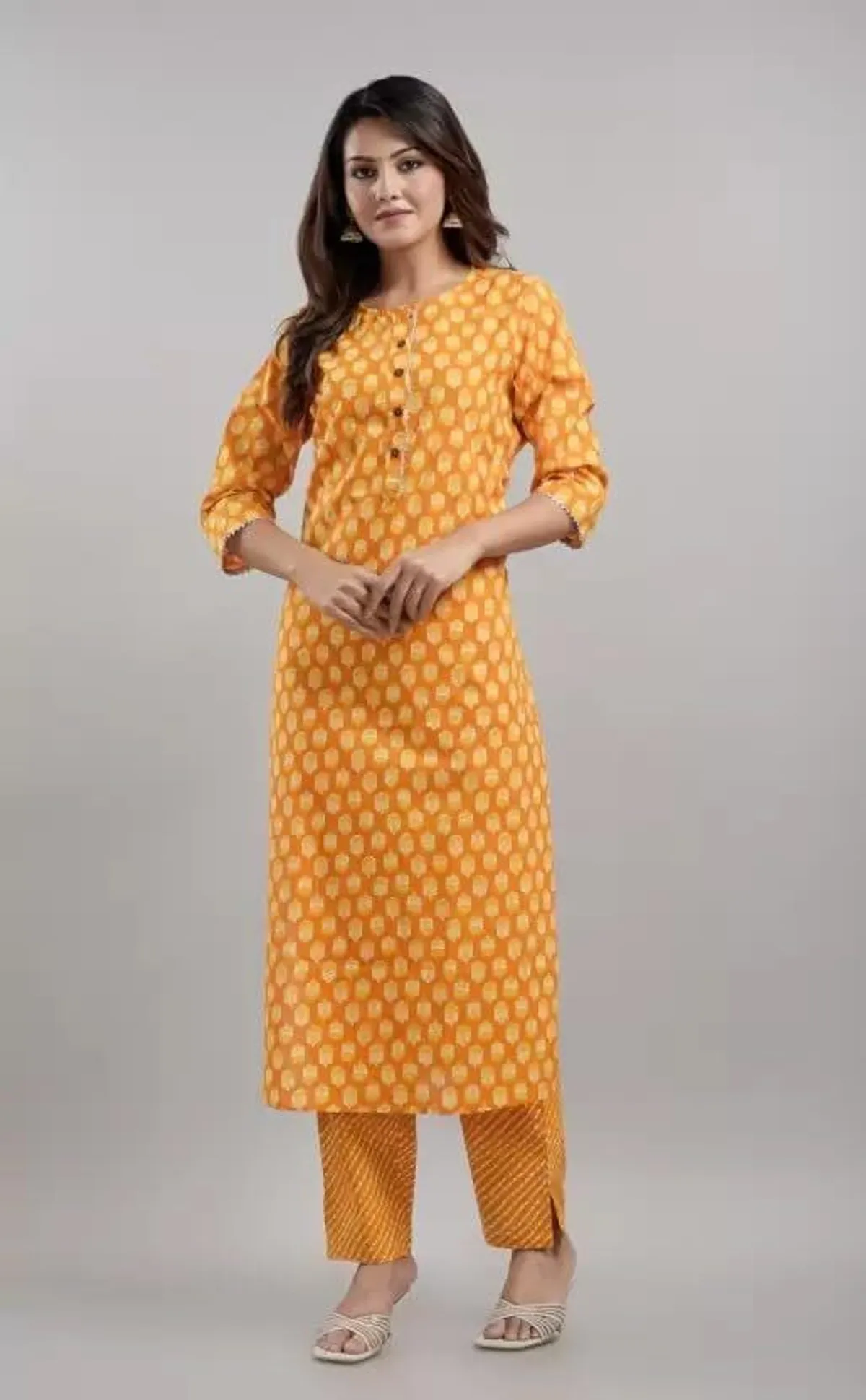 orange cotton blend printed kurta pant set for women