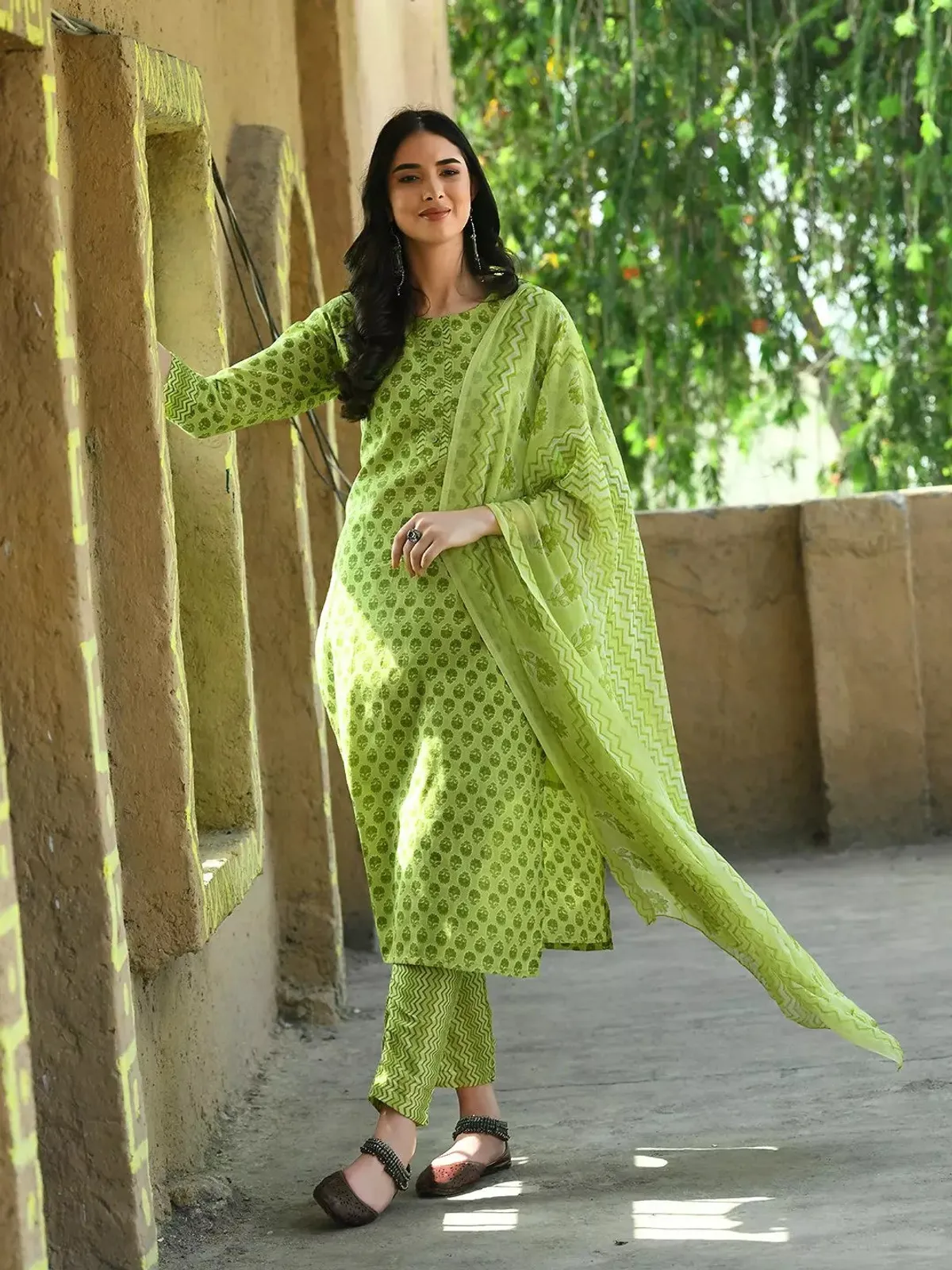 light green cotton blend printed kurta palazzo set for women