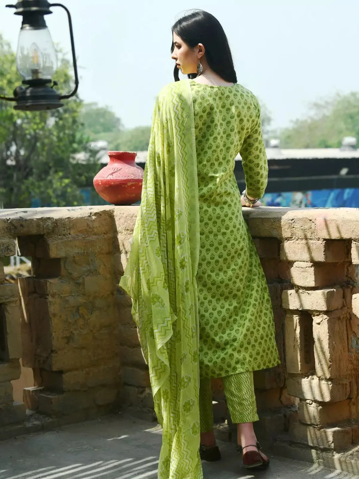 light green cotton blend printed kurta palazzo set for women