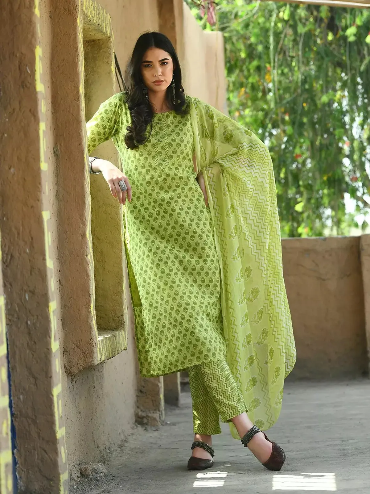 light green cotton blend printed kurta palazzo set for women