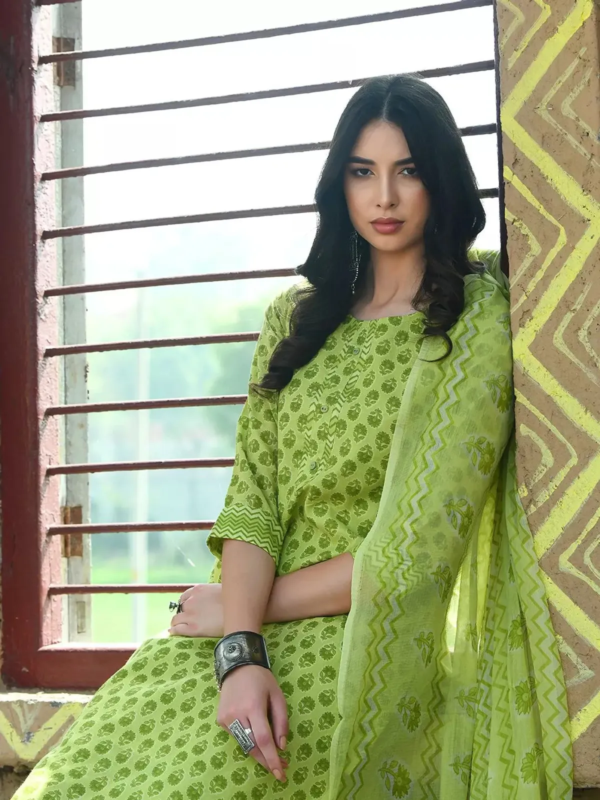 light green cotton blend printed kurta palazzo set for women