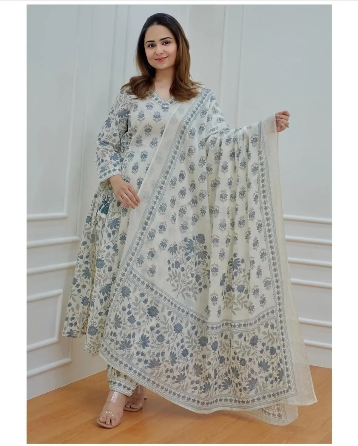 white cotton blend printed kurta salwar set for women