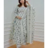 white cotton blend printed kurta salwar set for women